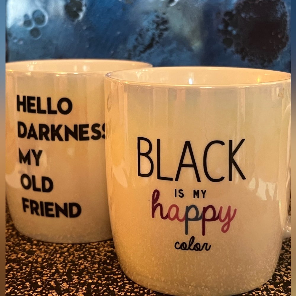 “Hello darkness my old friend” & “ black is my happy color” ceramic mugs-s/2-NWT
